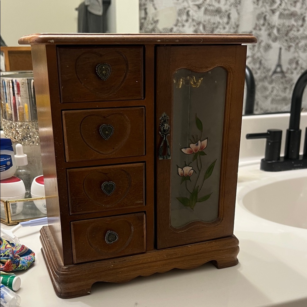 Wooden Jewelry Box with Floral Design